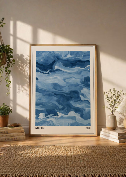 Cuadro Decorativo Japandi, Mármol de Olas Azul, Kiritsu