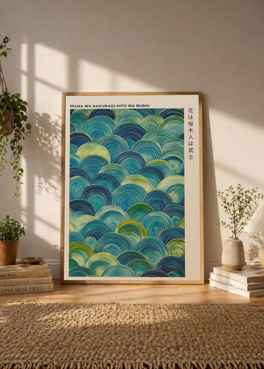 Cuadro Decorativo Japandi, Olas y Círculos Azul y Verde