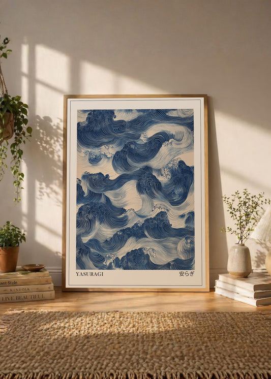 Cuadro Decorativo Japandi, Olas Japonesas Azul y Crema, Yasuragi