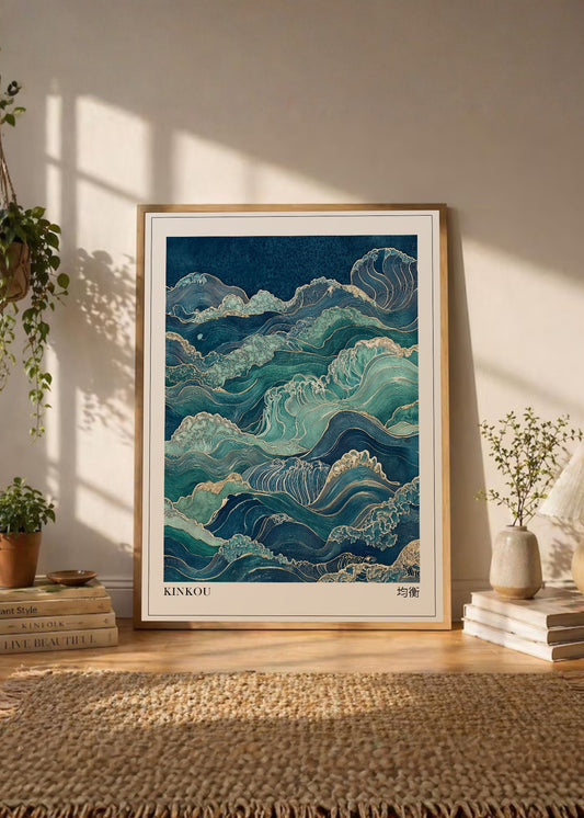 Cuadro Decorativo Japandi, Olas Japonesas Turquesa, Kinkou