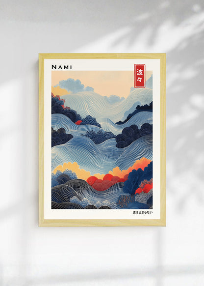 Cuadro Decorativo Japandi, Olas y Montañas Azul y Coral, Nami