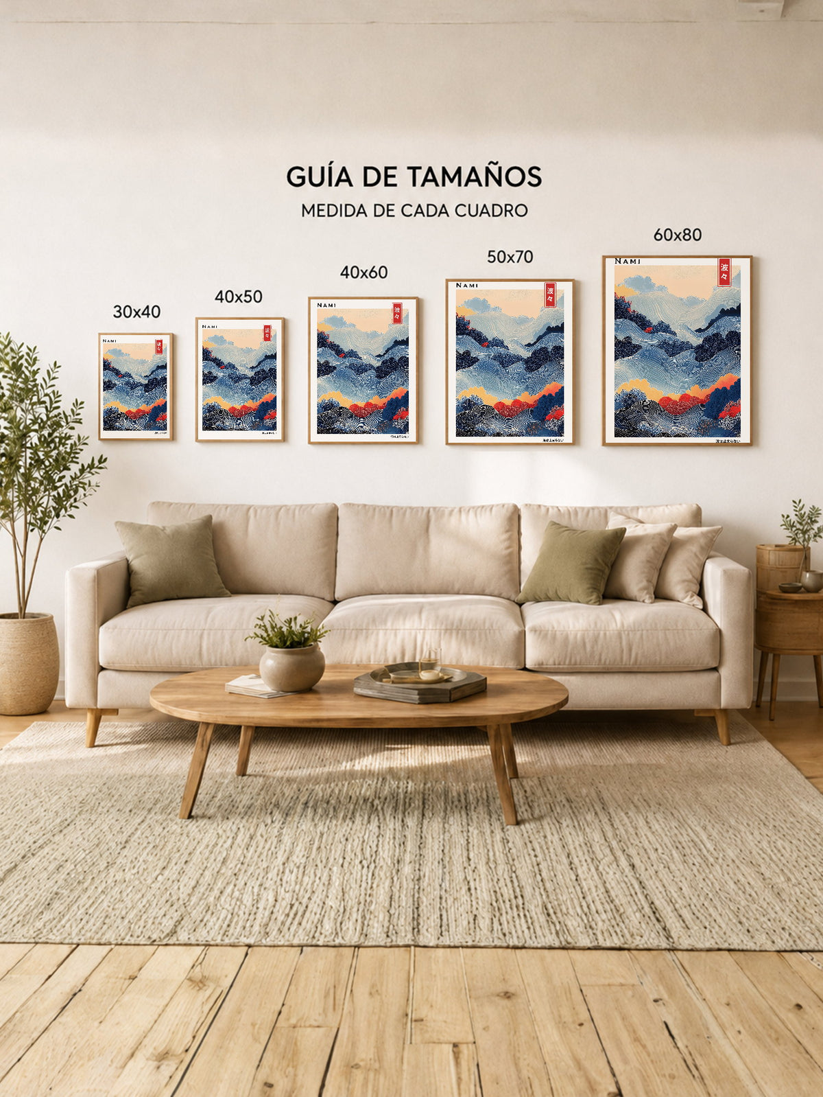 Cuadro Decorativo Japandi, Olas y Montañas Azul y Coral, Nami