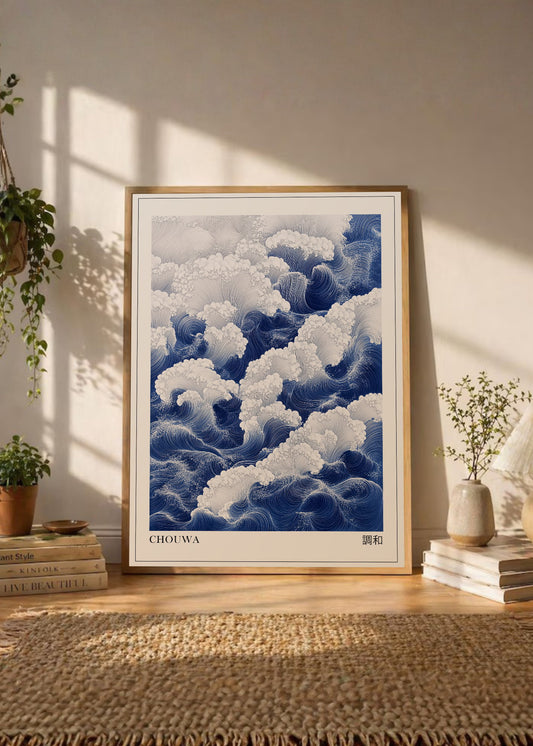 Cuadro Decorativo Japandi, Olas y Nubes Azul Marino, Chouwa