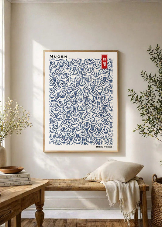 Cuadro Decorativo Japandi, Olas Seigaiha Azul y Blanco, Mugen