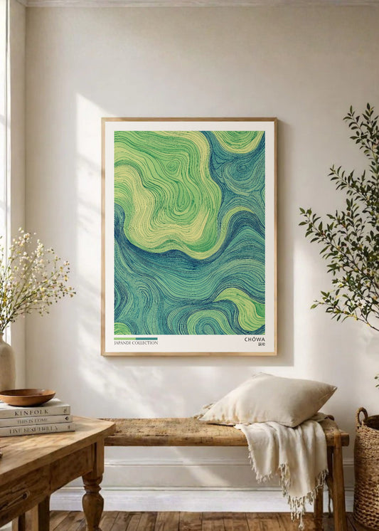 Cuadro Decorativo Japandi, Ondas Abstractas Verde, Chowa
