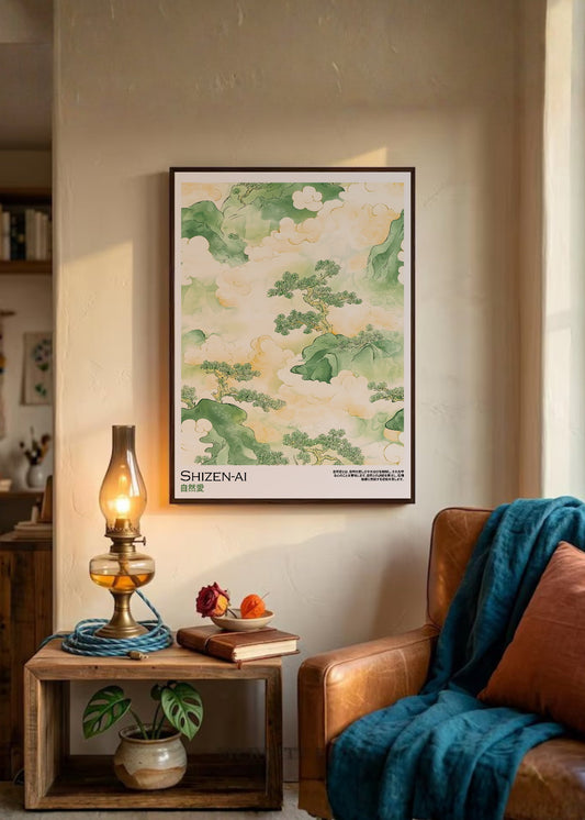 Cuadro Decorativo Japandi, Paisaje en Acuarela Verde, Shizen-Ai