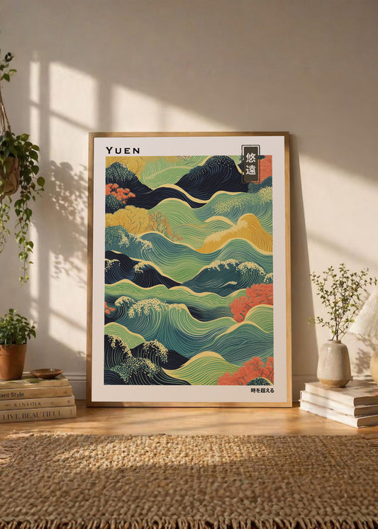 Cuadro Decorativo Japandi, Paisaje de Olas Verde y Coral, Yuen