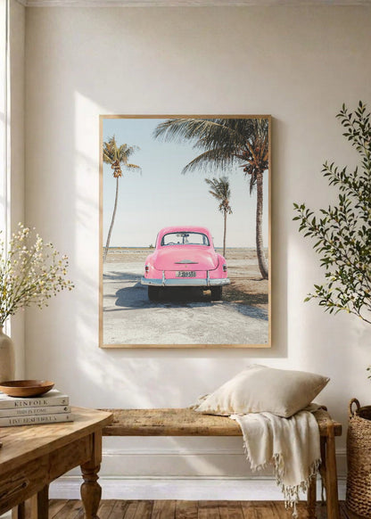 Cuadro Decorativo Playa, Auto Rosa Palmeras