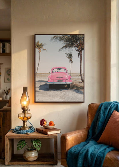 Cuadro Decorativo Playa, Auto Rosa Palmeras