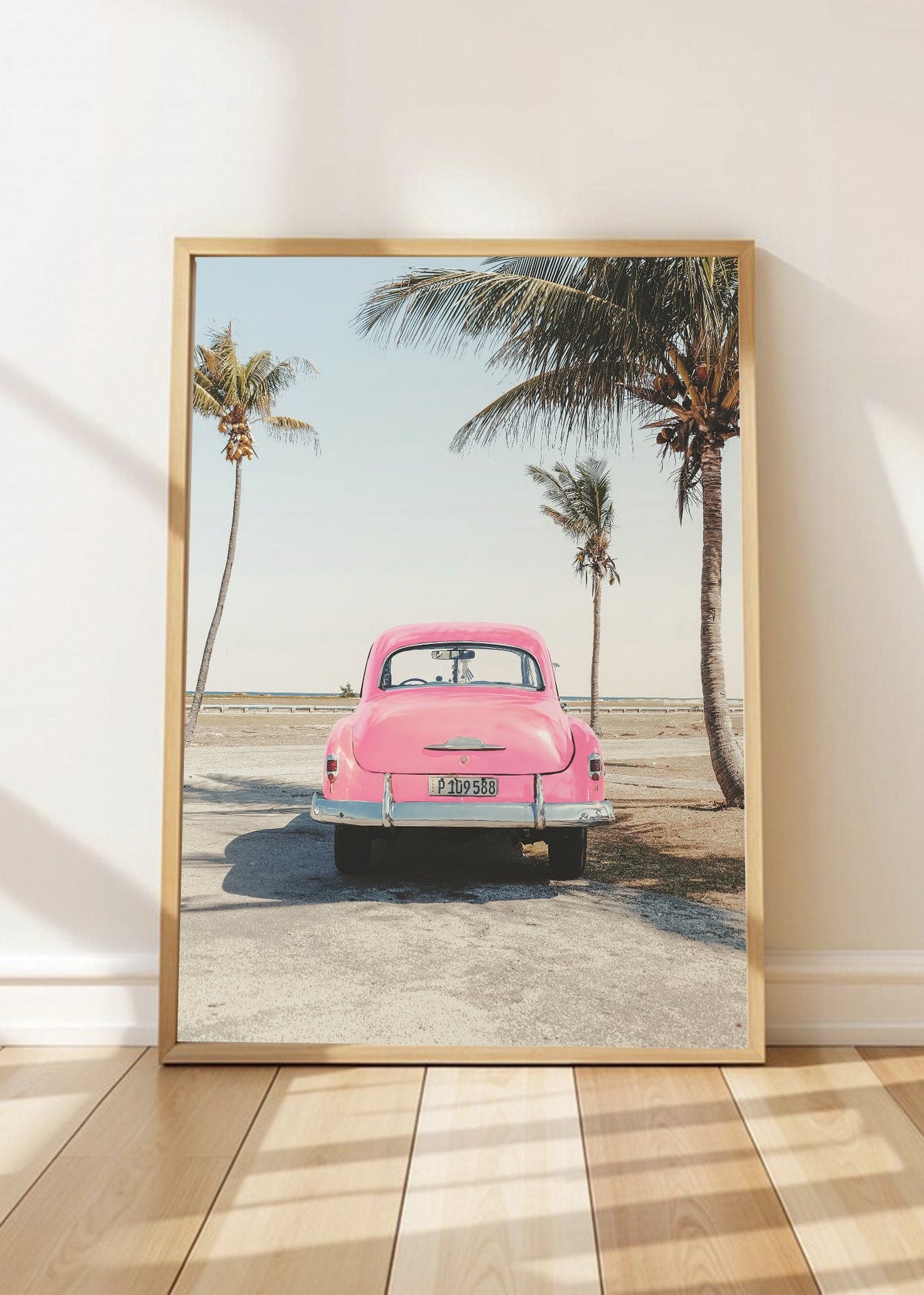 Cuadro Decorativo Playa, Auto Rosa Palmeras