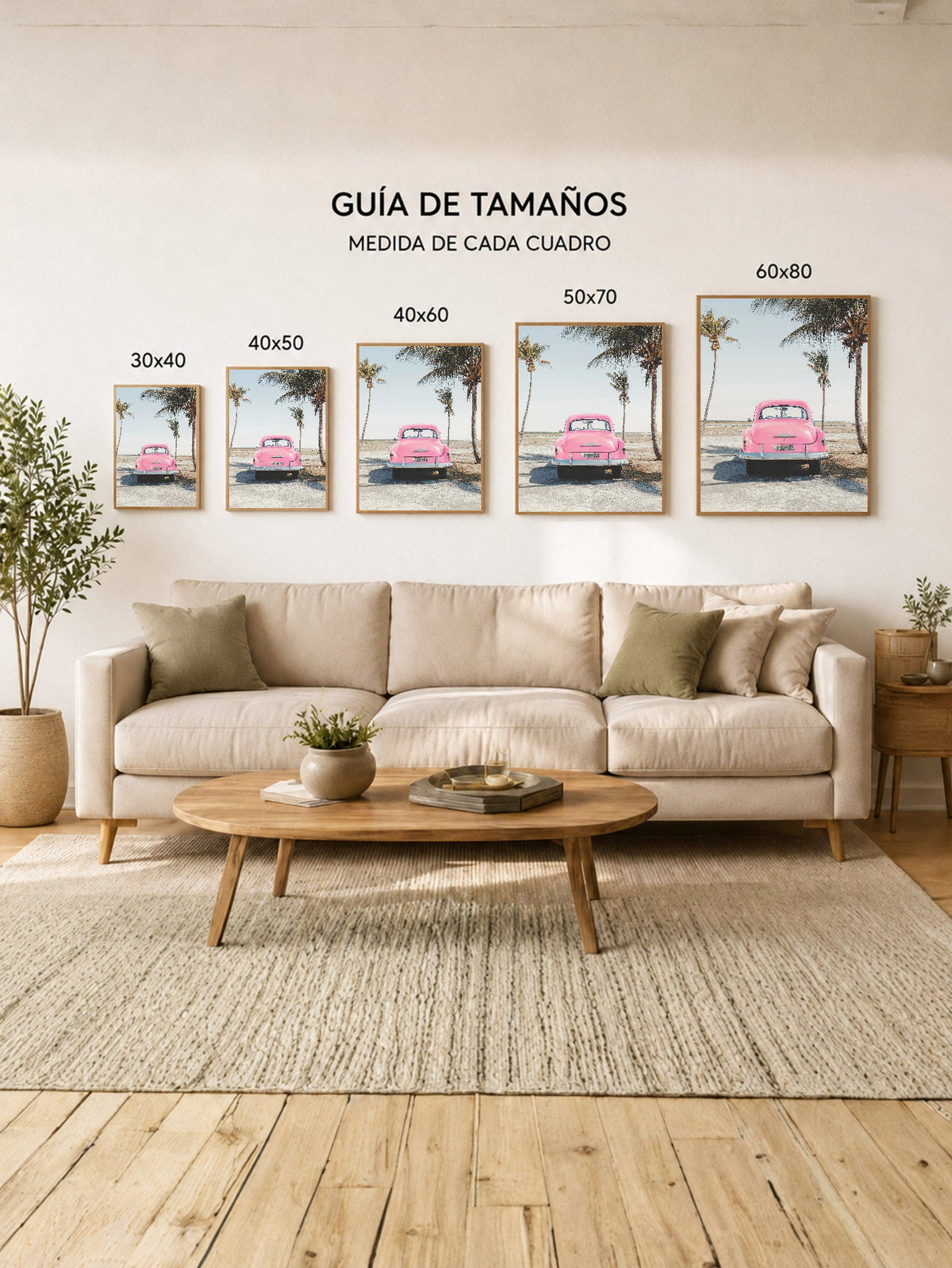 Cuadro Decorativo Playa, Auto Rosa Palmeras