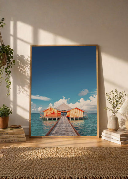 Cuadro Decorativo Playa, Muelle Cabaña Naranja