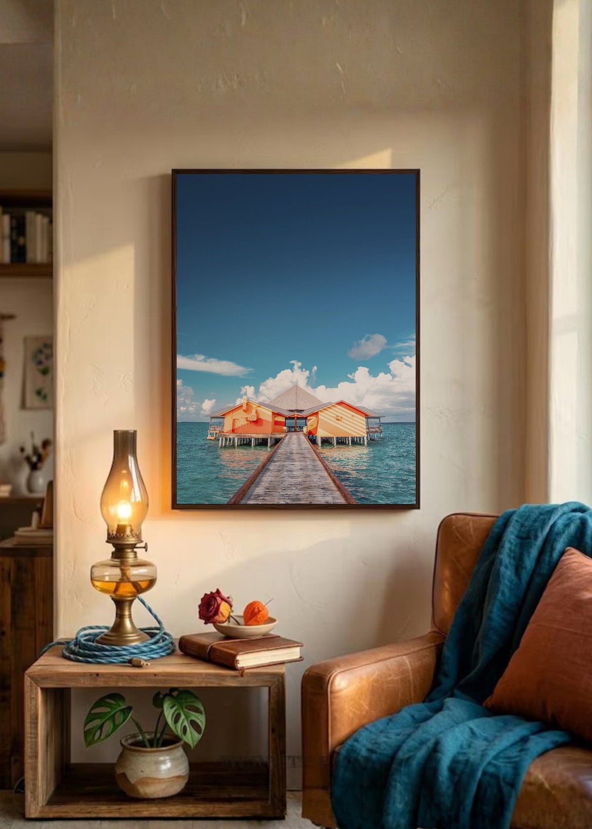 Cuadro Decorativo Playa, Muelle Cabaña Naranja