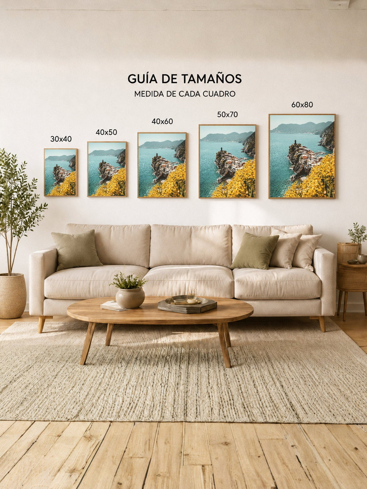 Cuadro Decorativo Playa, Pueblo Costero Flores Amarillas