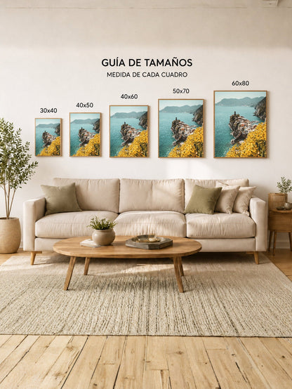 Cuadro Decorativo Playa, Pueblo Costero Flores Amarillas