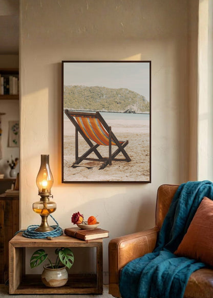 Cuadro Decorativo Playa, Reposera Naranja Bahía
