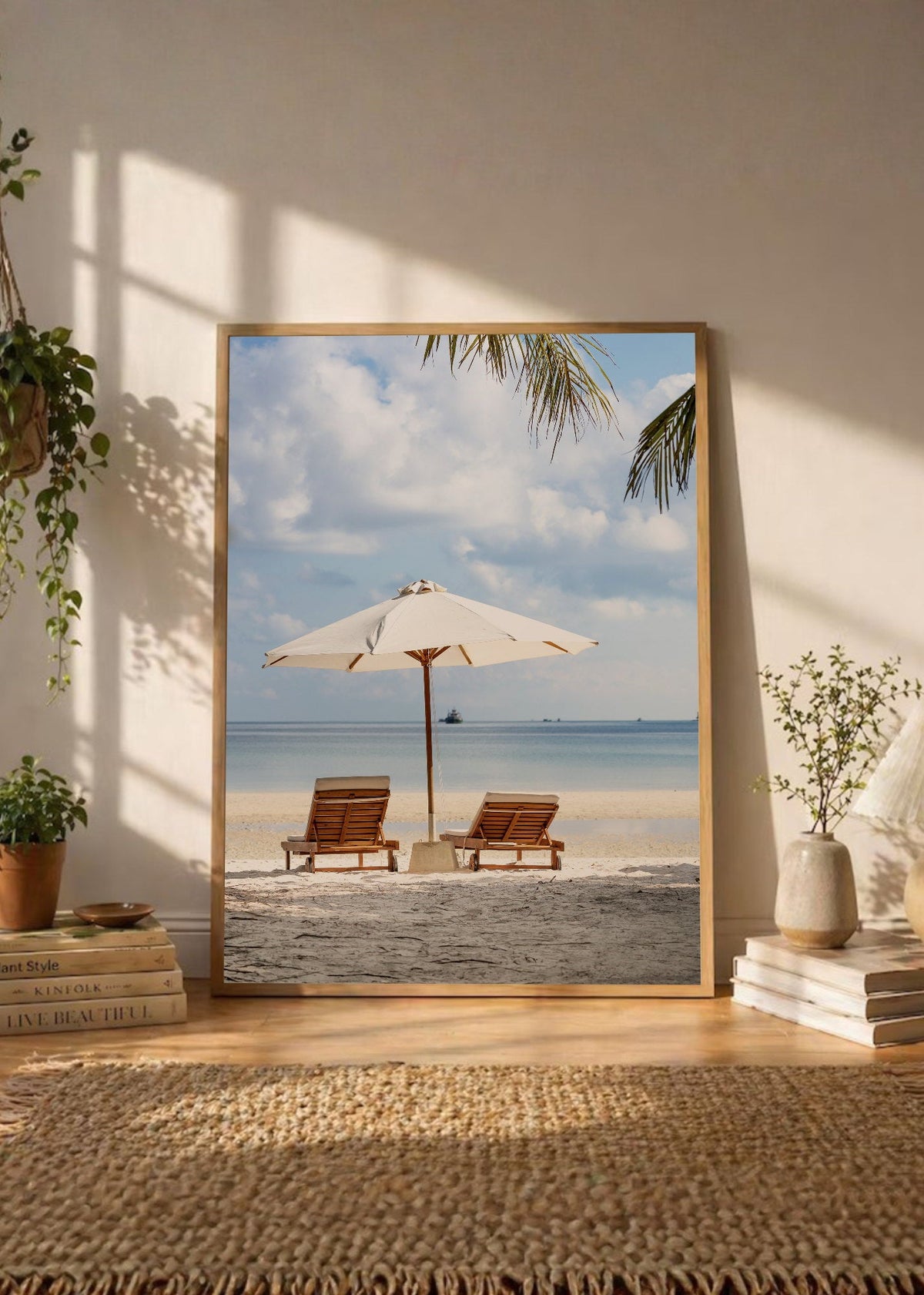 Cuadro Decorativo Playa, Reposeras Sombrilla Blanca