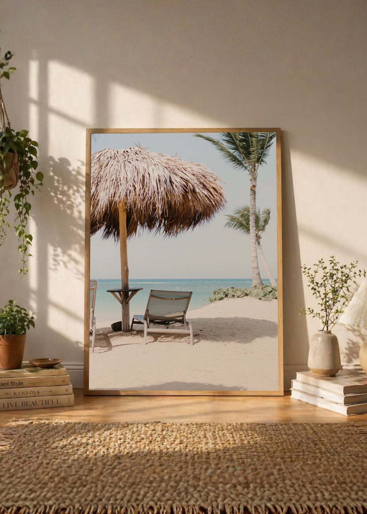Cuadro Decorativo Playa, Sombrilla Paja Reposera