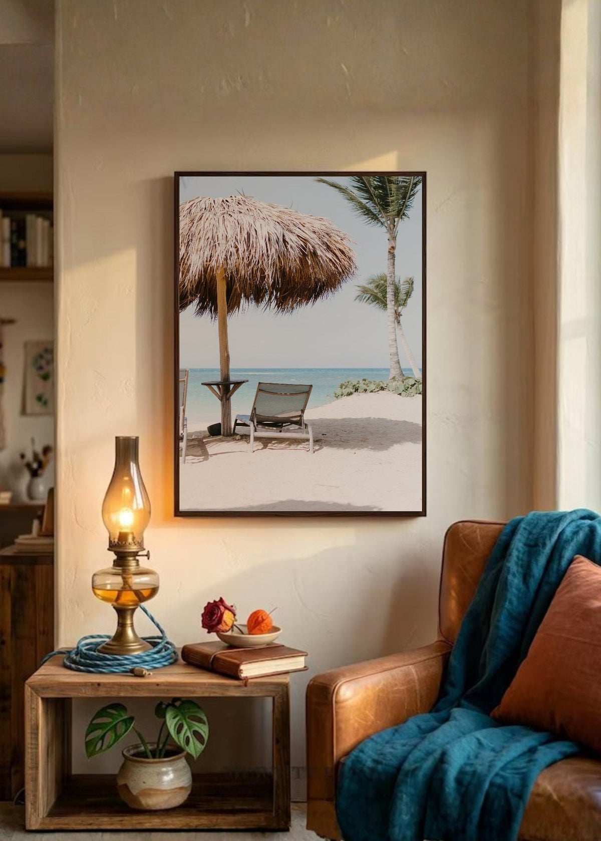 Cuadro Decorativo Playa, Sombrilla Paja Reposera