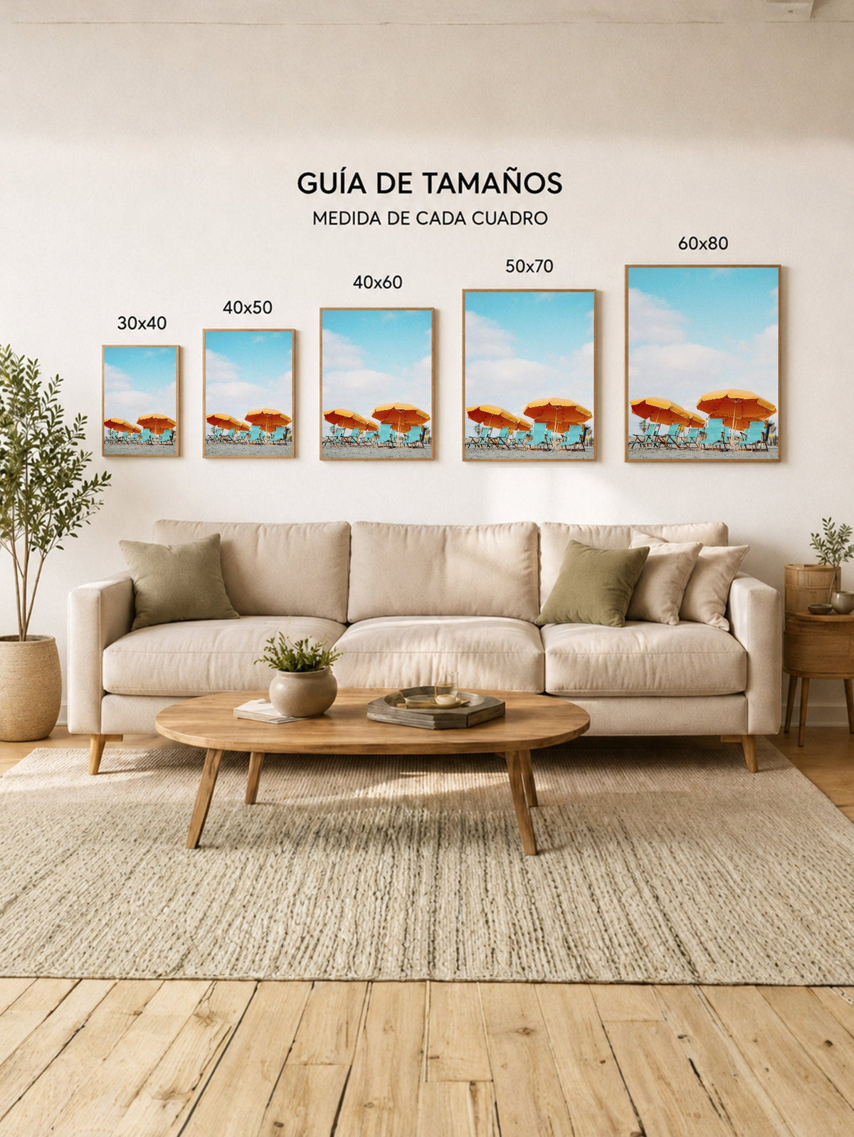 Cuadro Decorativo Playa, Sombrillas Naranjas Reposeras