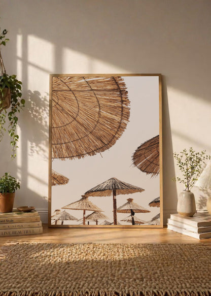 Cuadro Decorativo Playa, Sombrillas Paja Circulo
