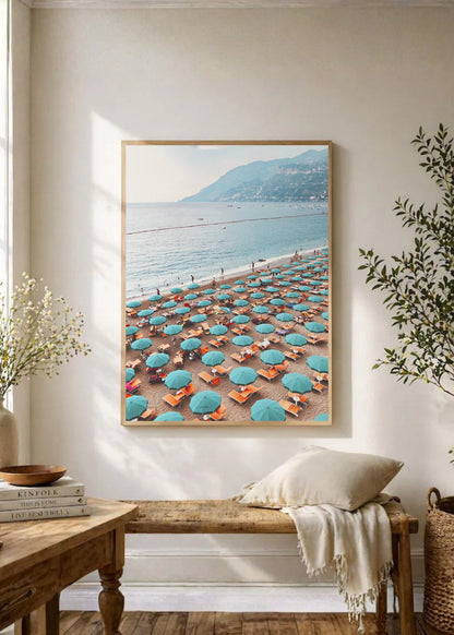 Cuadro Decorativo Playa, Sombrillas Turquesa Aérea