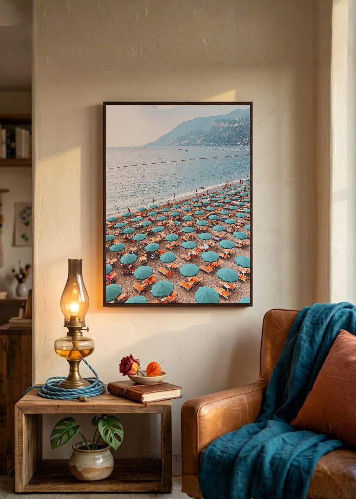 Cuadro Decorativo Playa, Sombrillas Turquesa Aérea