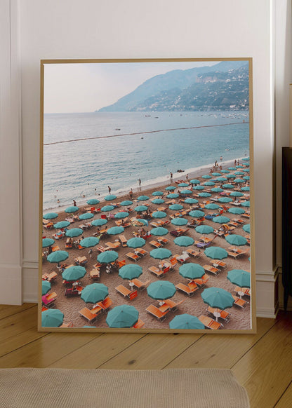 Cuadro Decorativo Playa, Sombrillas Turquesa Aérea