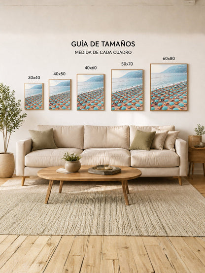 Cuadro Decorativo Playa, Sombrillas Turquesa Aérea