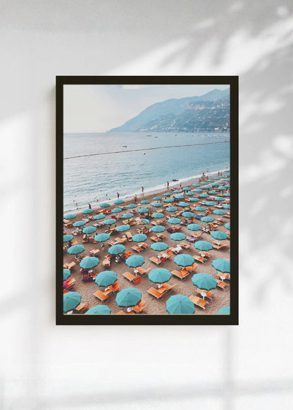 Cuadro Decorativo Playa, Sombrillas Turquesa Aérea