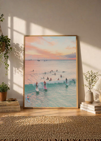 Cuadro Decorativo Playa, Surfistas Atardecer Pastel