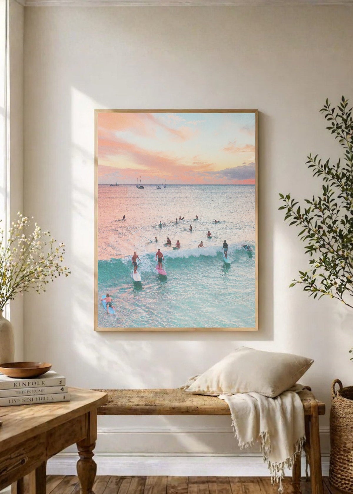 Cuadro Decorativo Playa, Surfistas Atardecer Pastel