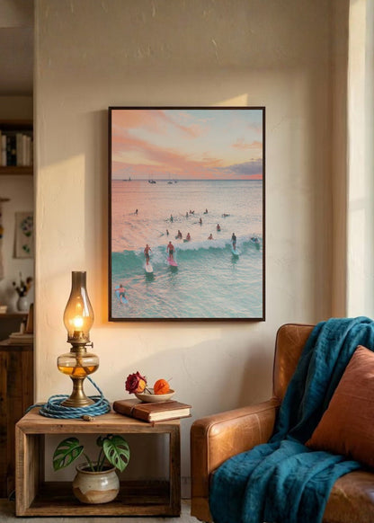 Cuadro Decorativo Playa, Surfistas Atardecer Pastel