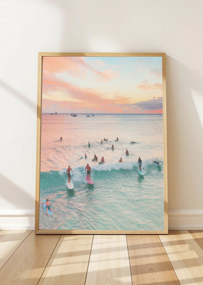 Cuadro Decorativo Playa, Surfistas Atardecer Pastel