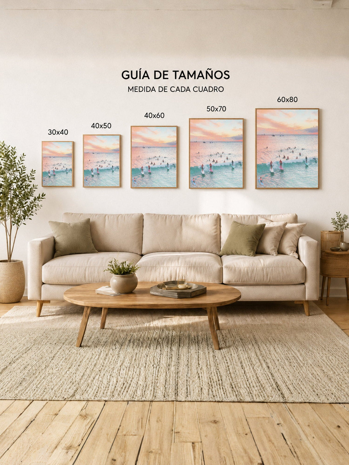 Cuadro Decorativo Playa, Surfistas Atardecer Pastel