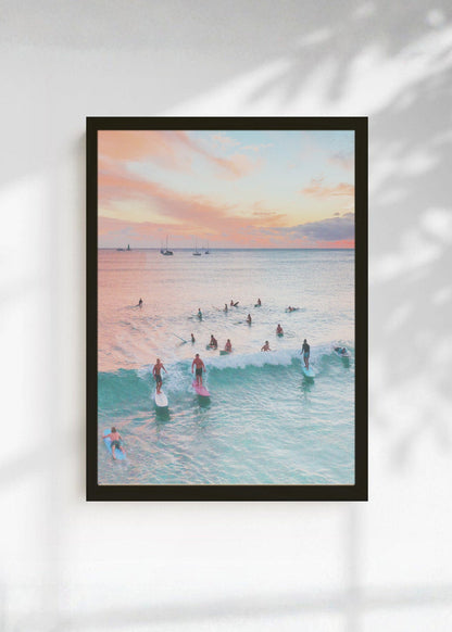 Cuadro Decorativo Playa, Surfistas Atardecer Pastel