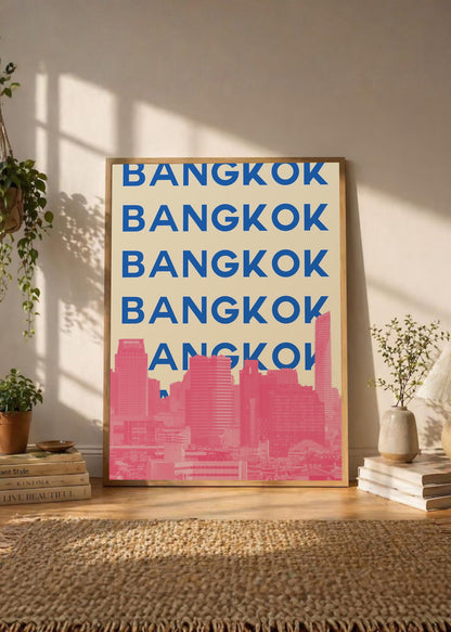 Cuadro Decorativo Travel, Bangkok, Tailandia, Skyline Azul Rosa