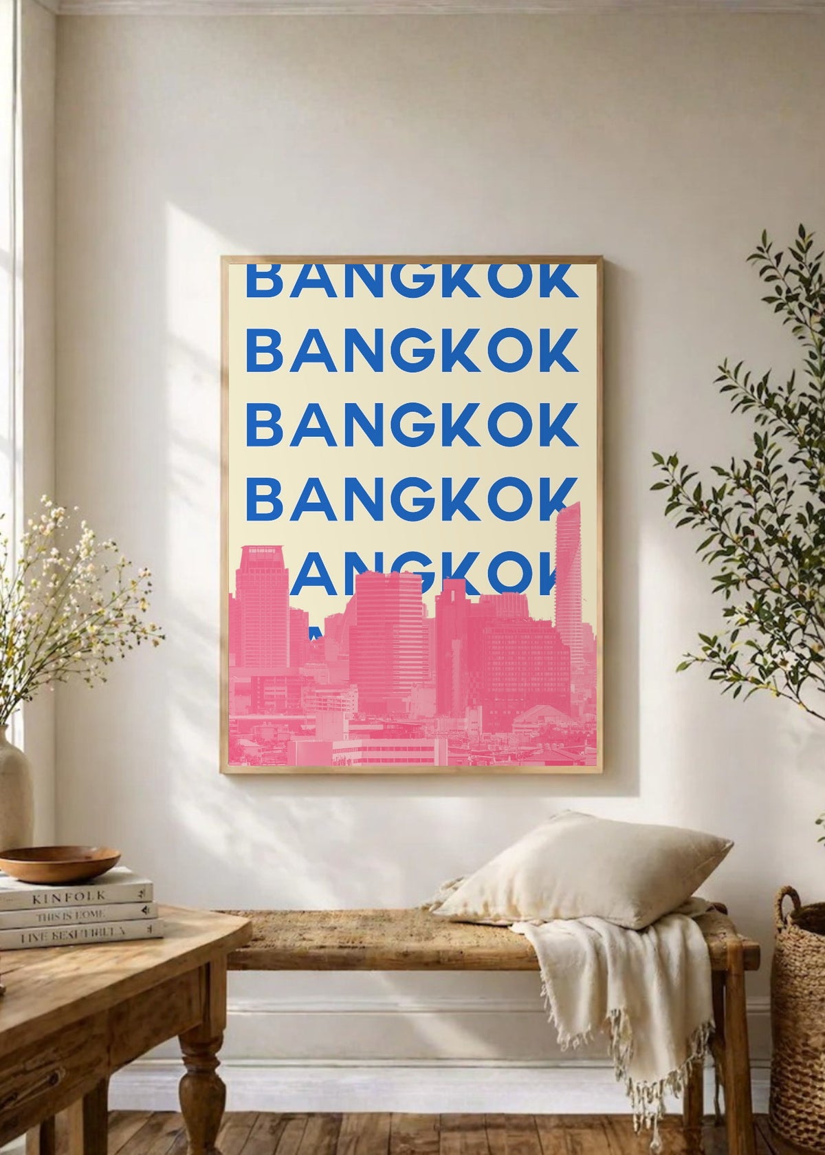 Cuadro Decorativo Travel, Bangkok, Tailandia, Skyline Azul Rosa