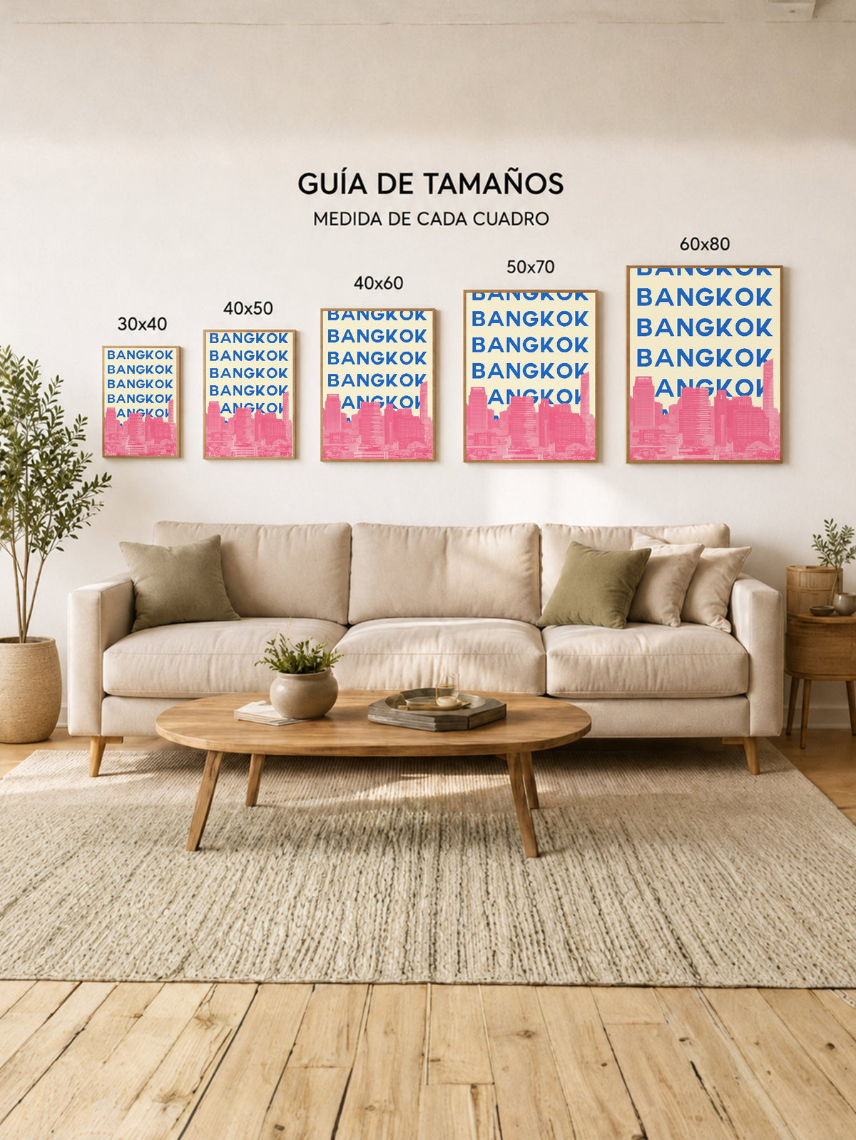 Cuadro Decorativo Travel, Bangkok, Tailandia, Skyline Azul Rosa