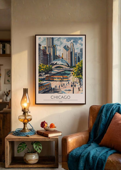 Cuadro Decorativo Travel, Chicago, USA, Ilustración Cloud Gate