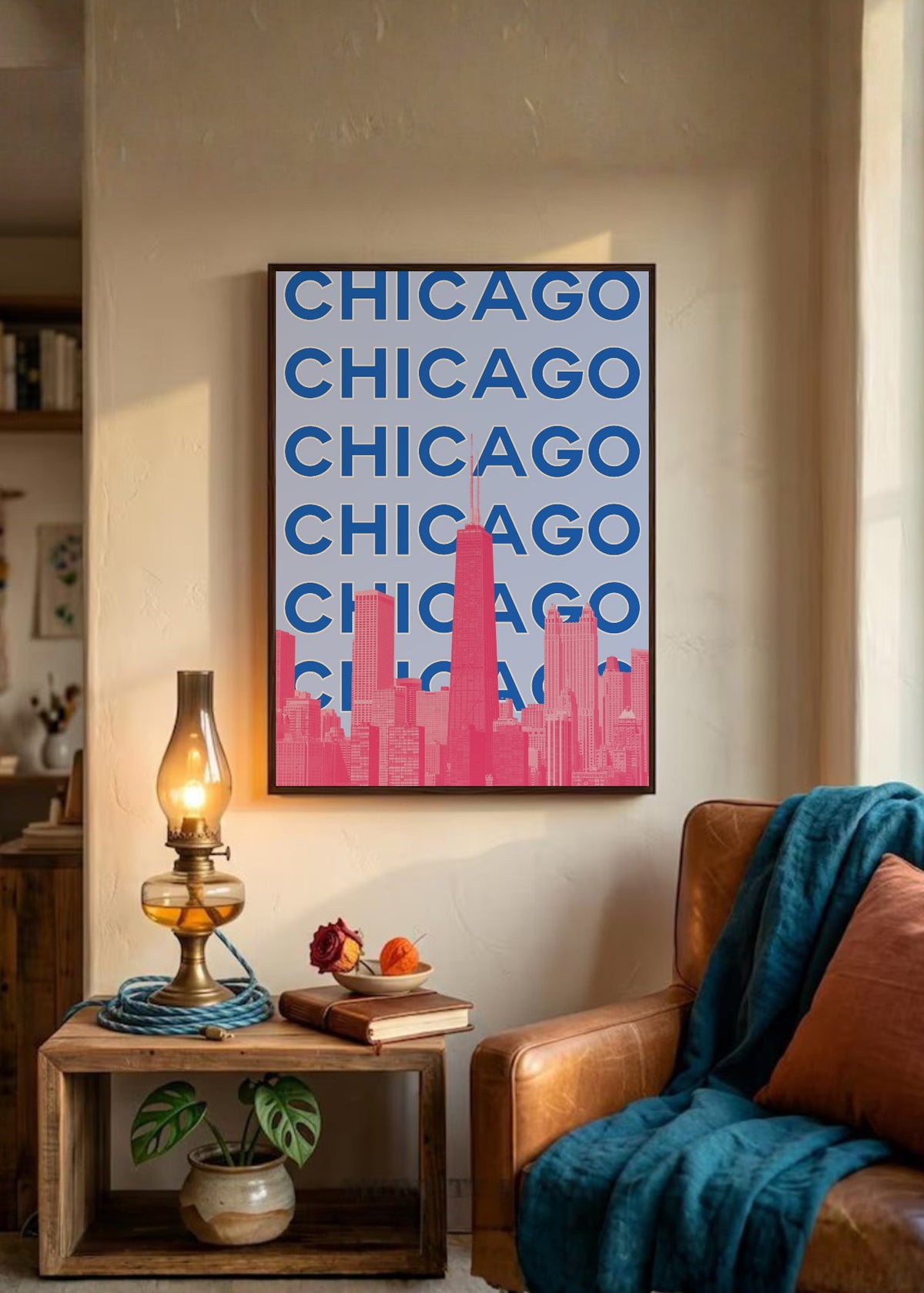 Cuadro Decorativo Travel, Chicago, USA, Skyline Azul Rosa