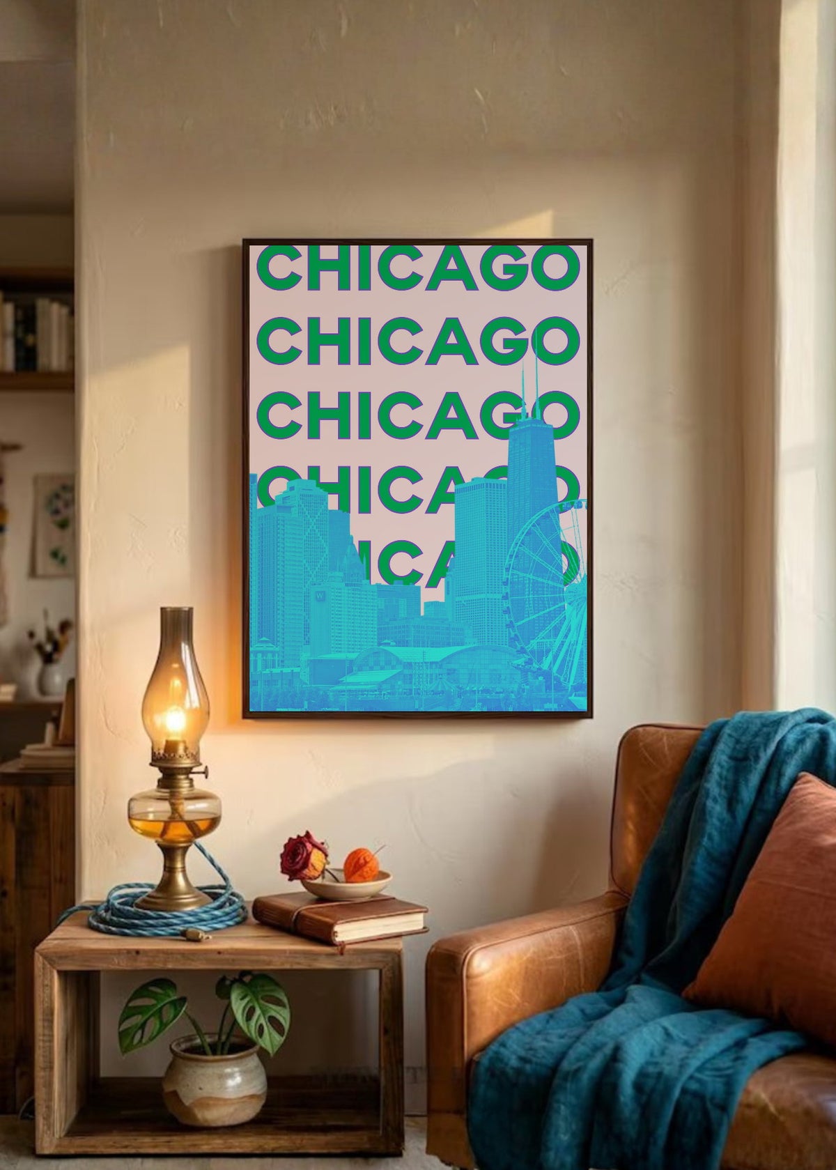 Cuadro Decorativo Travel, Chicago, USA, Skyline Verde Azul