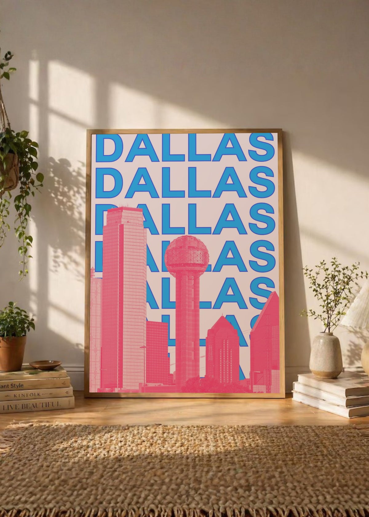 Cuadro Decorativo Travel, Dallas, USA, Skyline Azul Rosa