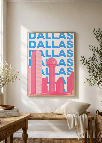 Cuadro Decorativo Travel, Dallas, USA, Skyline Azul Rosa