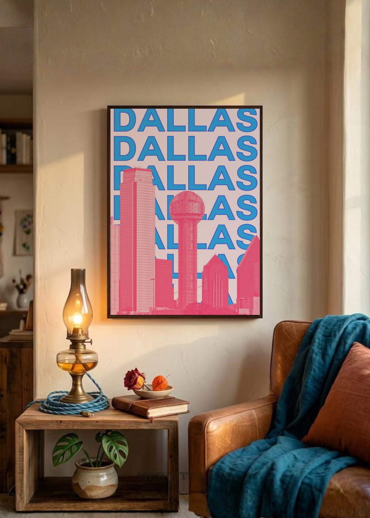 Cuadro Decorativo Travel, Dallas, USA, Skyline Azul Rosa