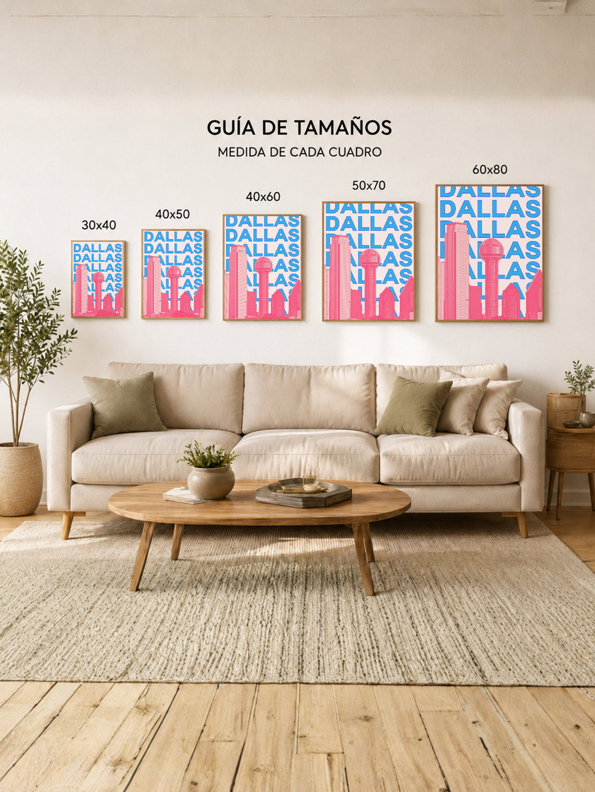 Cuadro Decorativo Travel, Dallas, USA, Skyline Azul Rosa