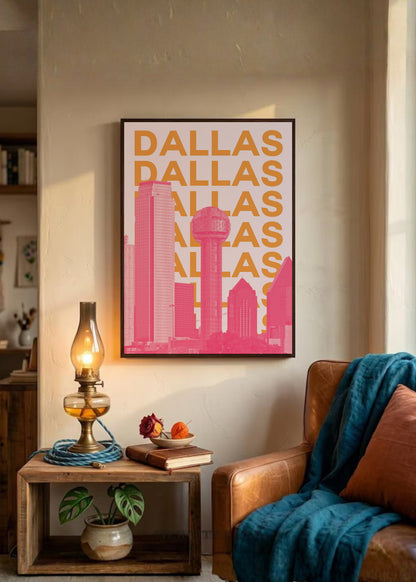Cuadro Decorativo Travel, Dallas, USA, Skyline Naranja Rosa
