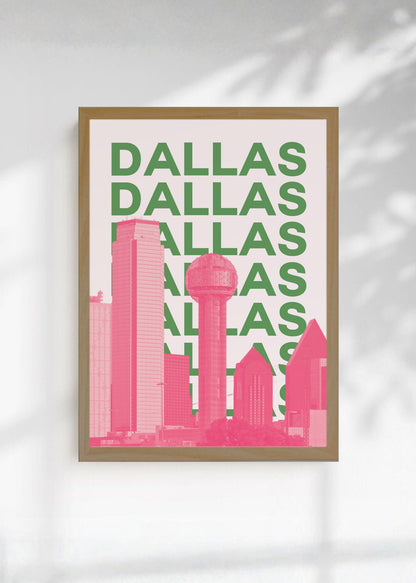 Cuadro Decorativo Travel, Dallas, USA, Skyline Verde Rosa