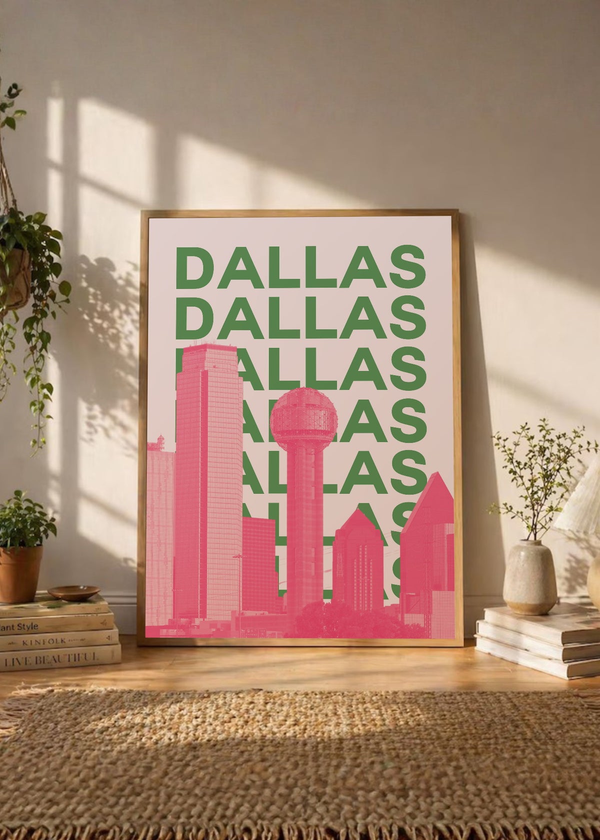 Cuadro Decorativo Travel, Dallas, USA, Skyline Verde Rosa