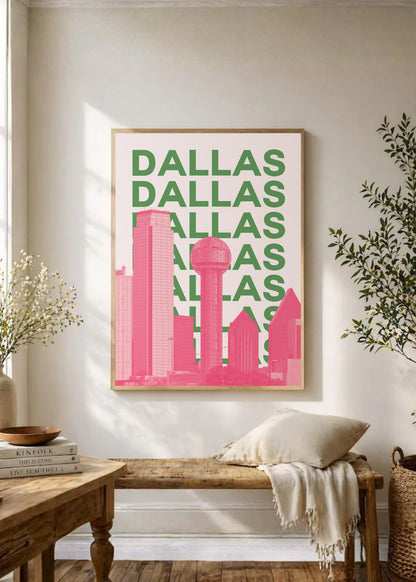 Cuadro Decorativo Travel, Dallas, USA, Skyline Verde Rosa